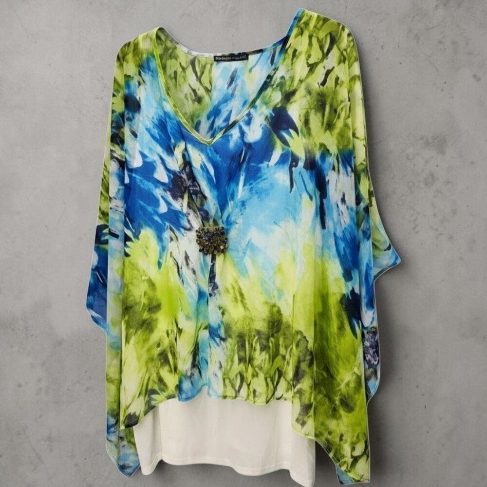 Madison Paige II Kaftan Style Top Beige Tank Womens 3X Blue Green Stones Boho